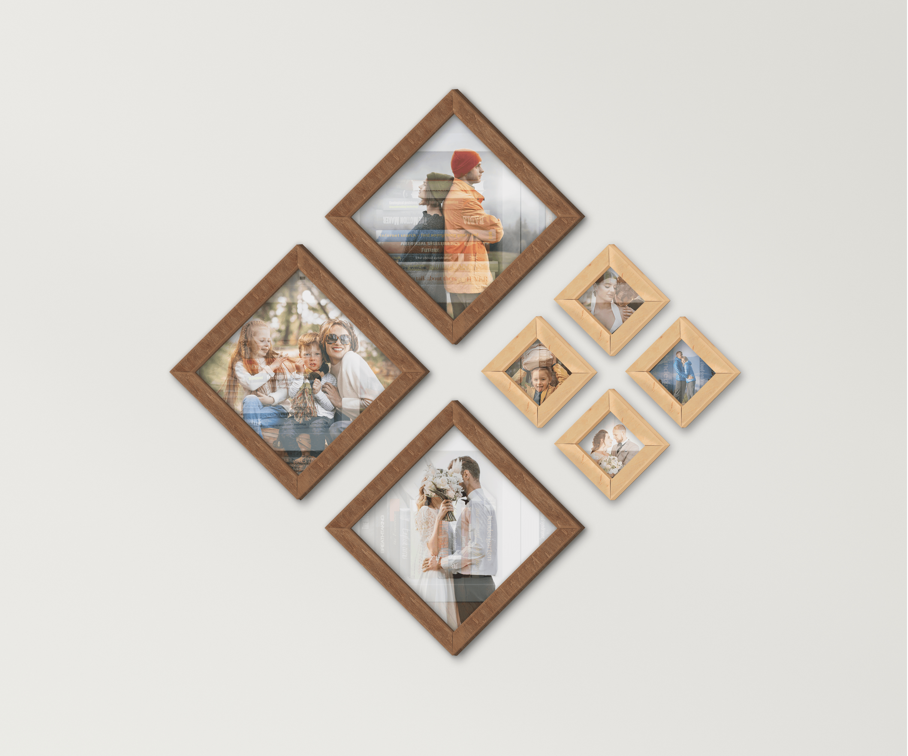 Diamond wood picture frame set Modern vibe home decor Best wall gallery ideas Different square frames Custom puzzle photo frame collage gift