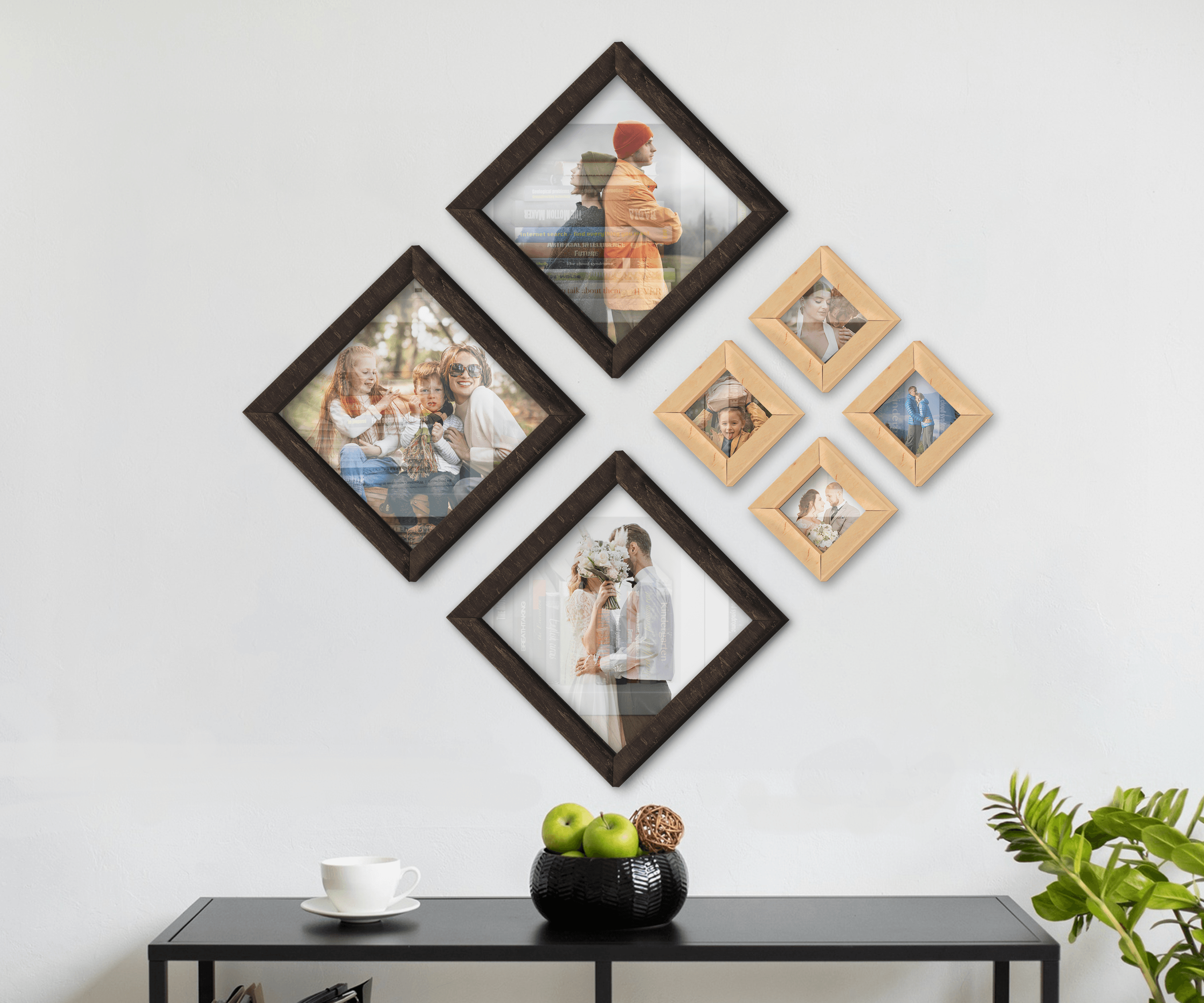 Diamond wood picture frame set Modern vibe home decor Best wall gallery ideas Different square frames Custom puzzle photo frame collage gift