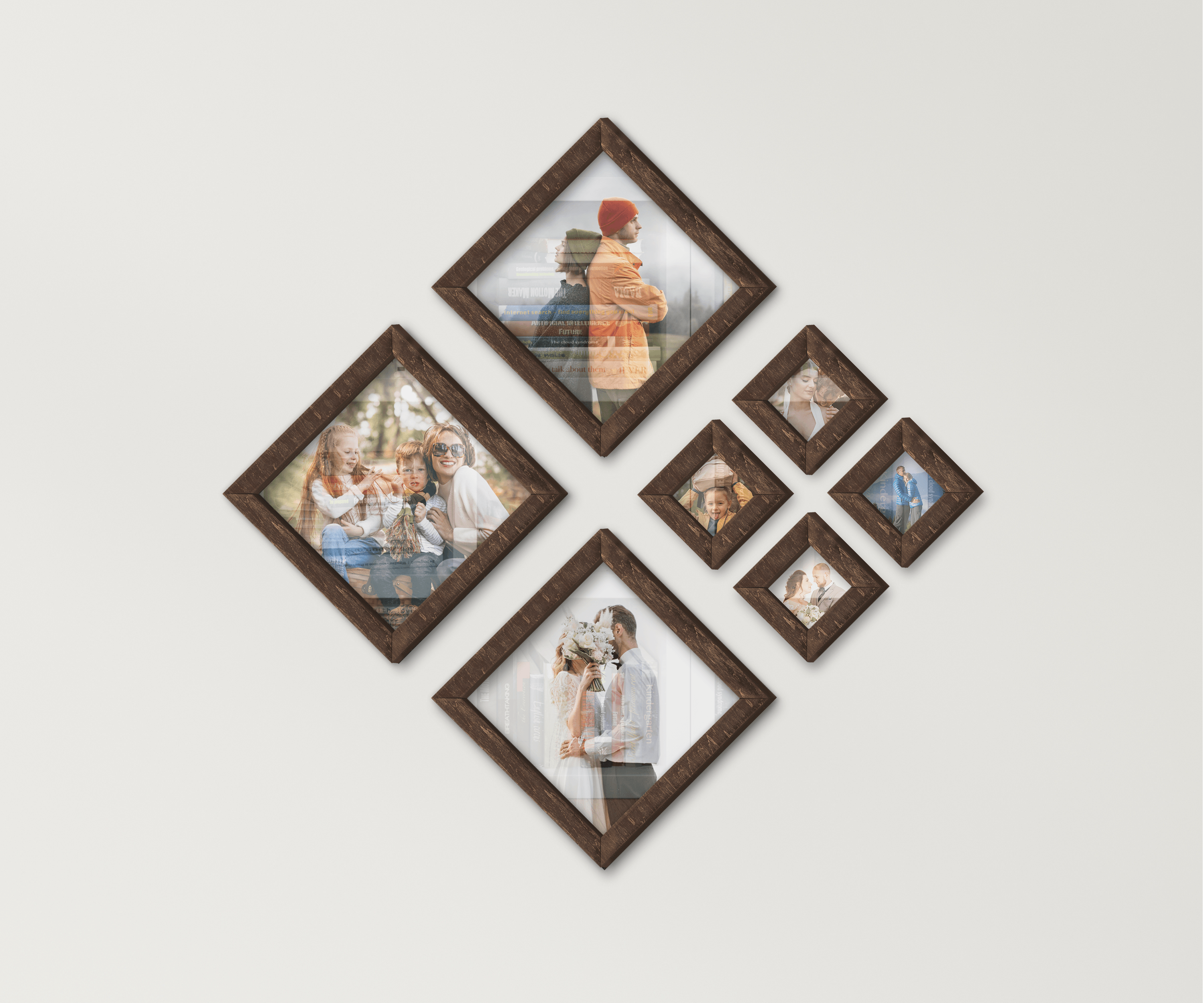 Diamond wood picture frame set Modern vibe home decor Best wall gallery ideas Different square frames Custom puzzle photo frame collage gift