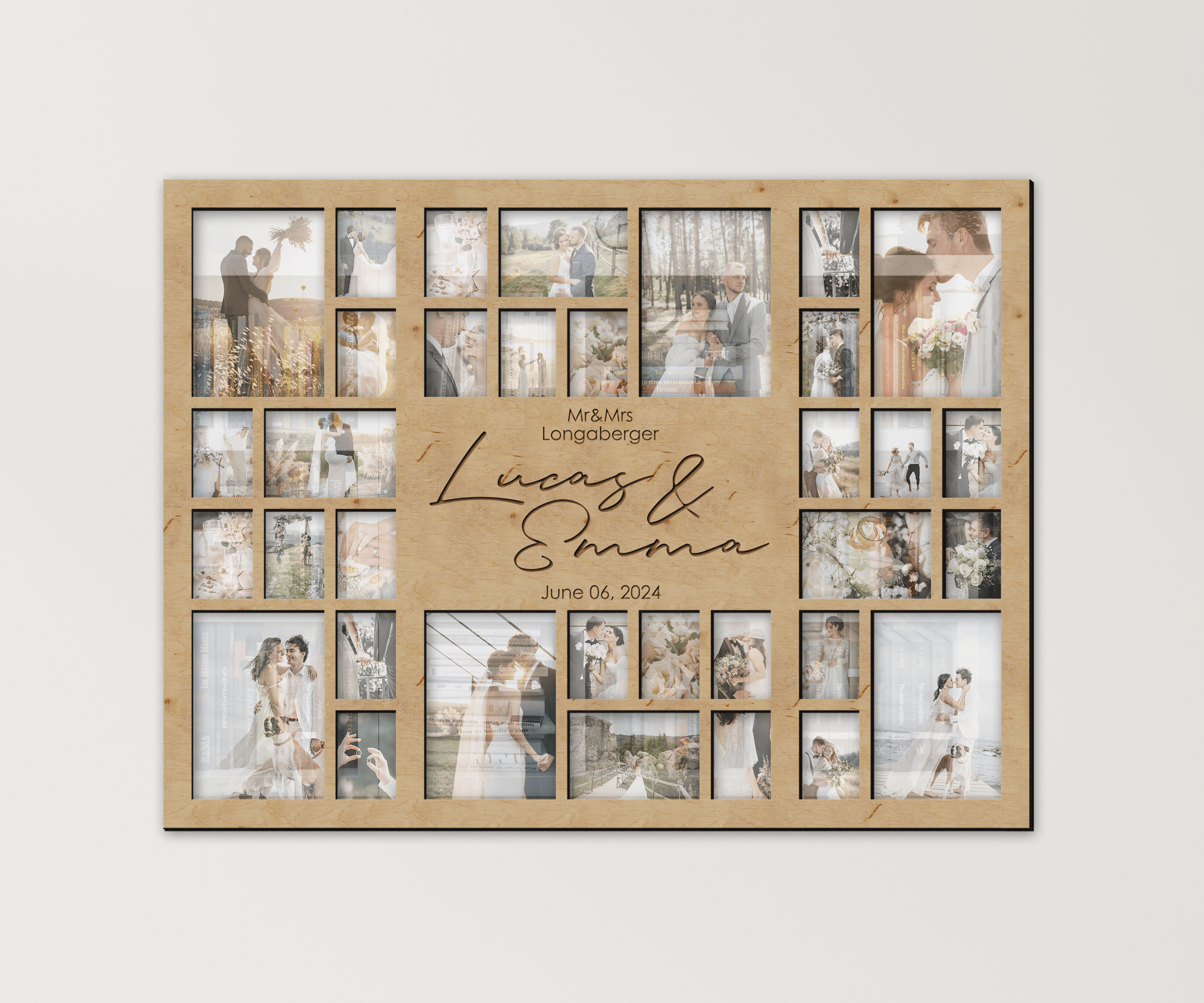 Personalized wedding picture frame collage decorated with "Mr&Mrs", newlyweds' names, and wedding date. This collage measures 23 inches in width and 30.2 inches in length and has 34 frames. Frame can be painted in different colors.