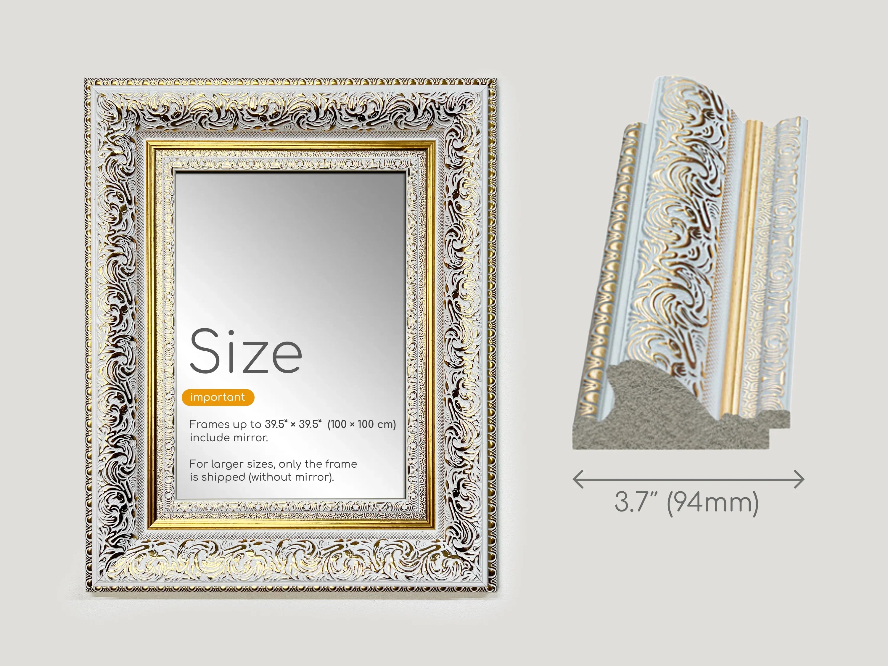 European-style handcrafted wooden picture frame with ornate gold and white detailing, shown with side profile and width measurement of 3.7 inches.