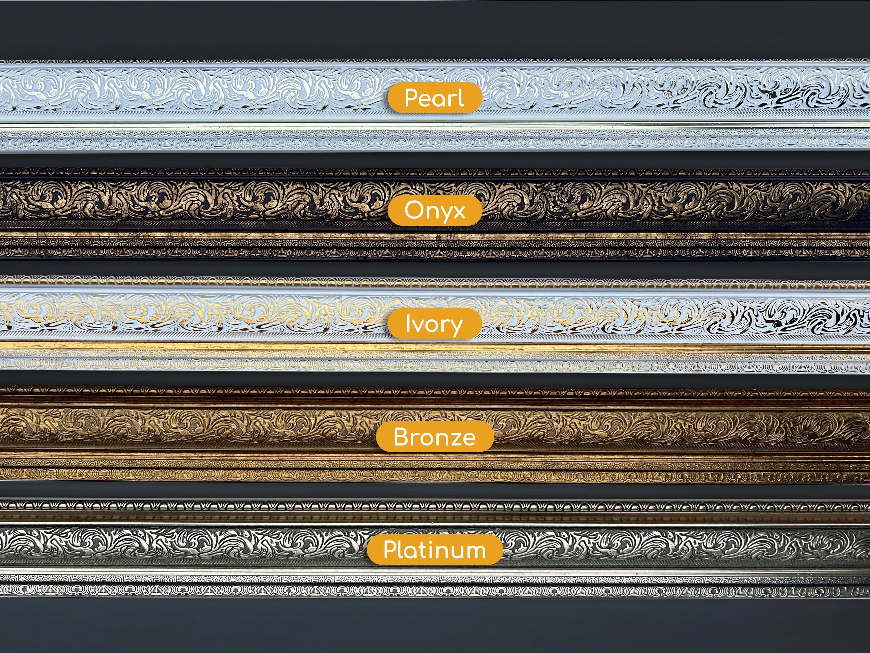 Five European-style ornate wooden picture frame mouldings in pearl, onyx, ivory, bronze, and platinum finishes.