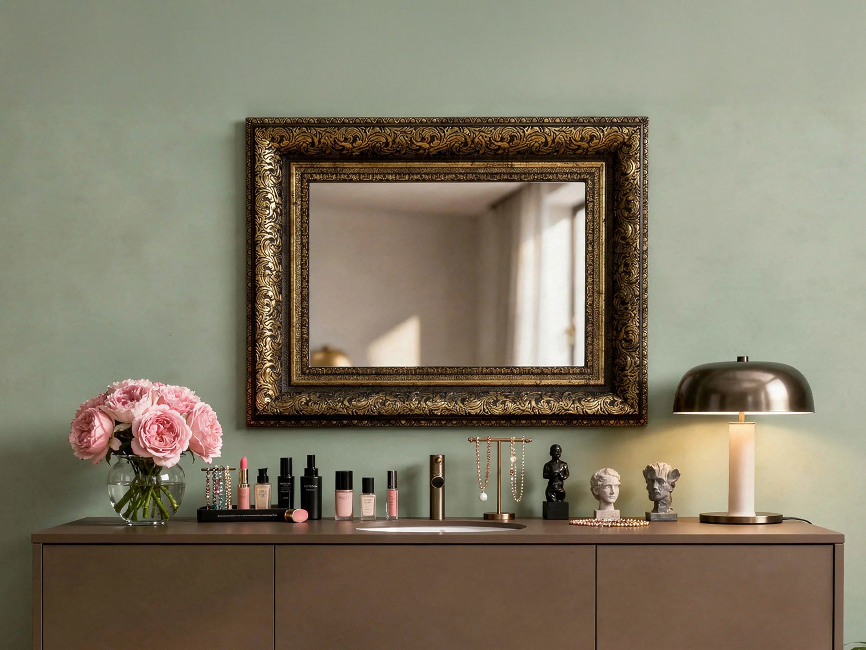 Ornate wooden picture frame with gold accents hanging above a modern console table with decor
