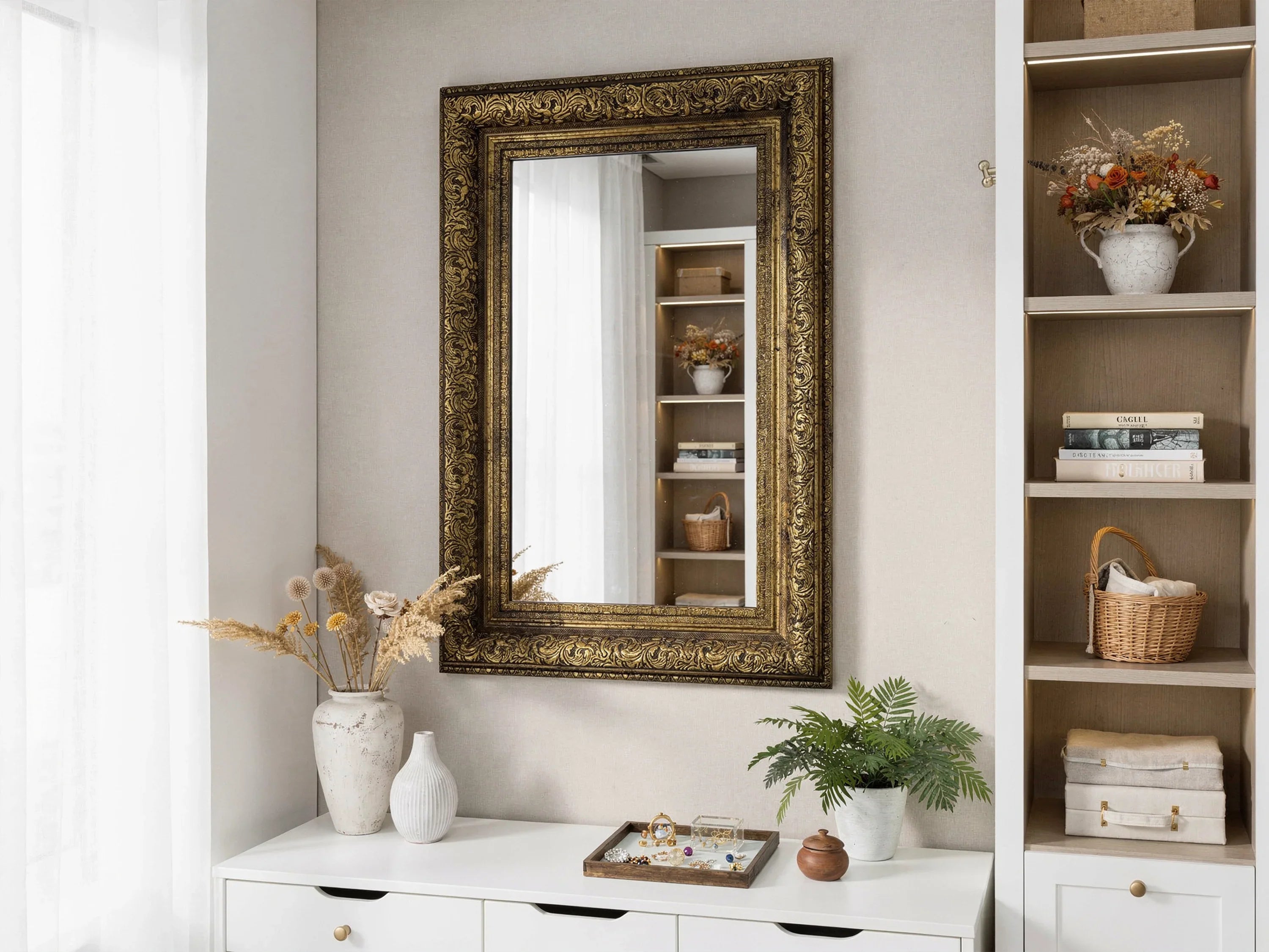 European-style ornate gold wooden picture frame mirror in elegant home interior, surrounded by white shelves, vases, and decorative plants.