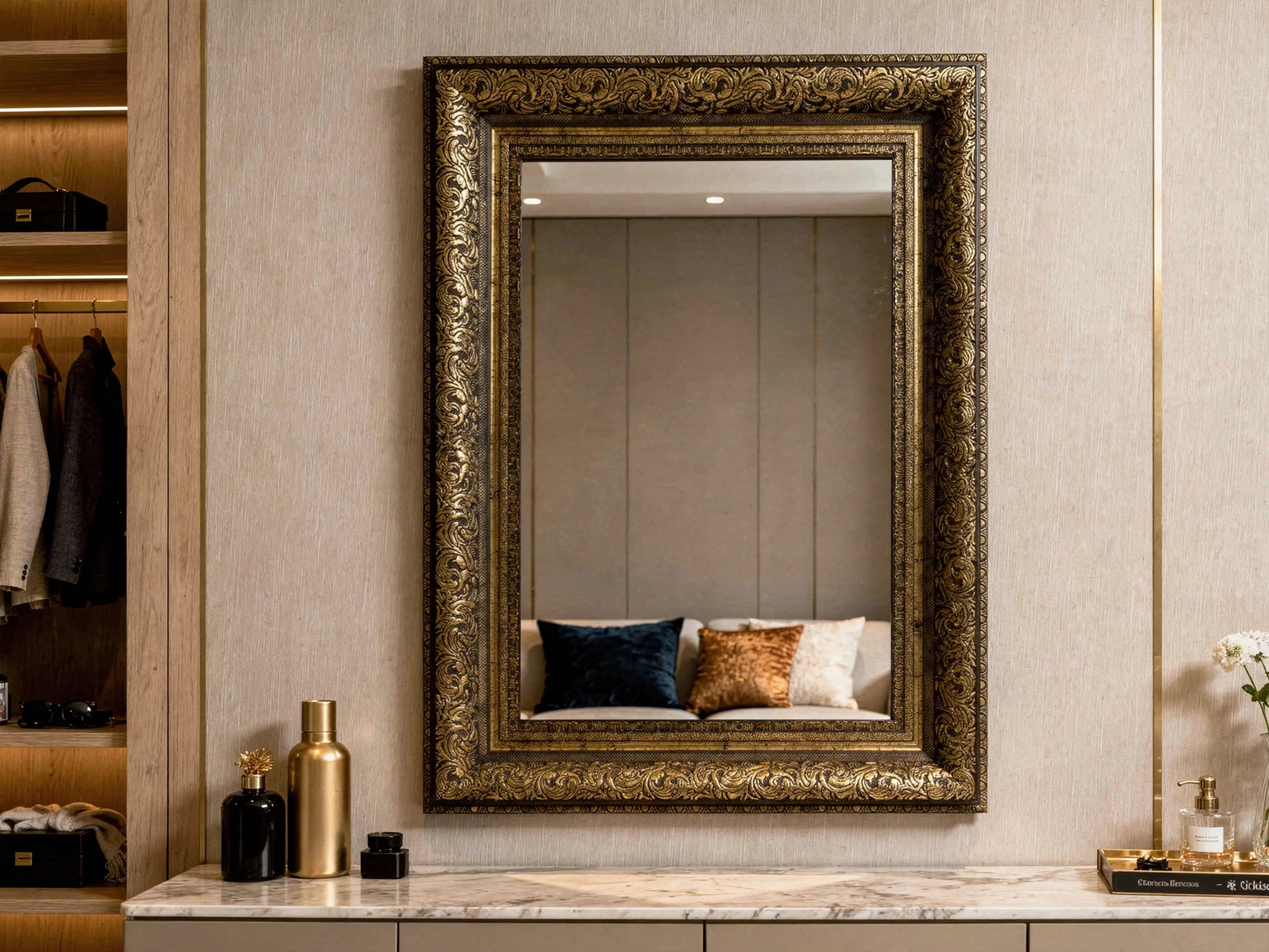 Ornate gold wooden picture frame mirror in elegant modern interior setting