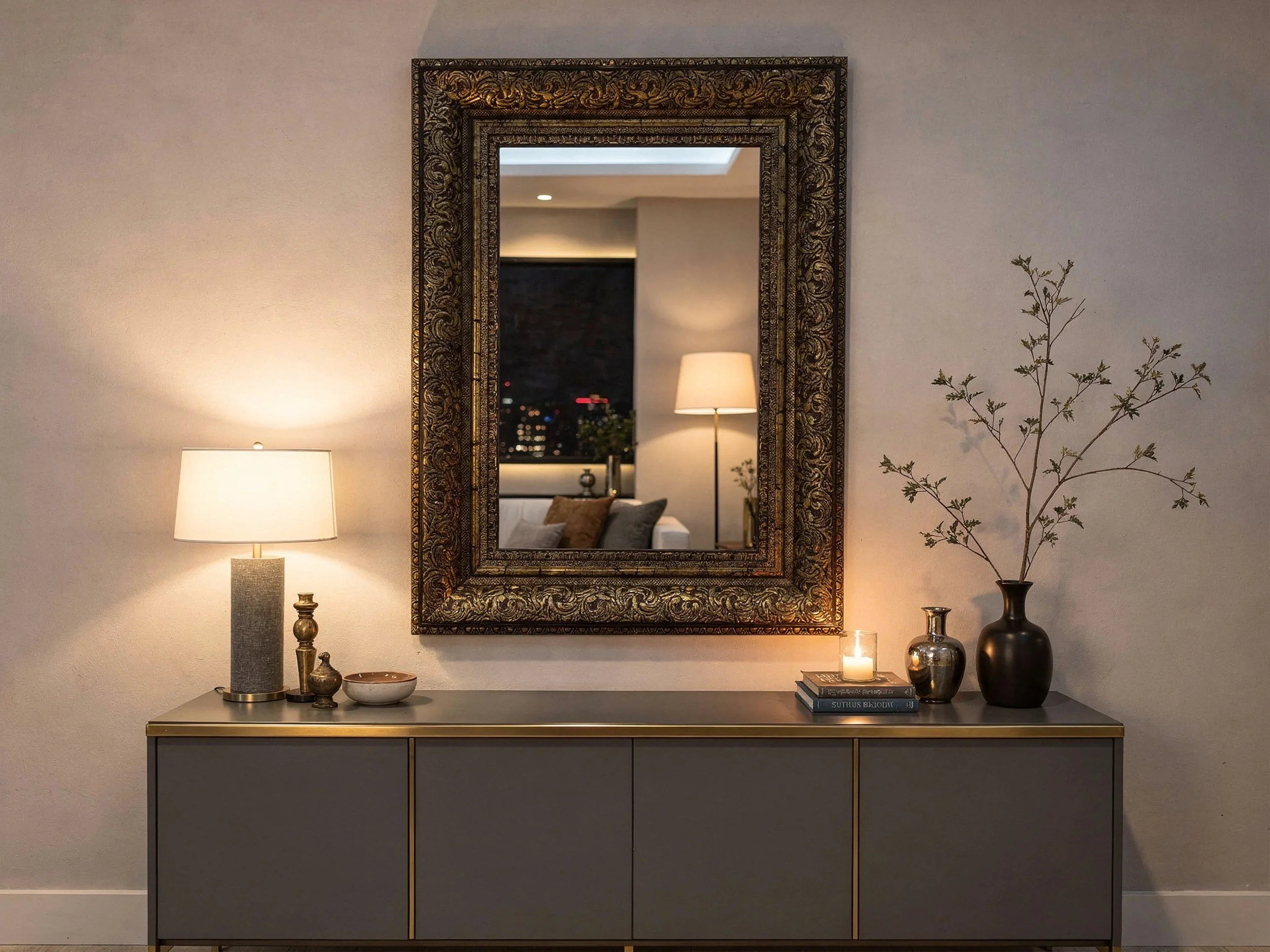Large ornate gold wooden picture frame mirror on wall above modern sideboard with lamp and vases