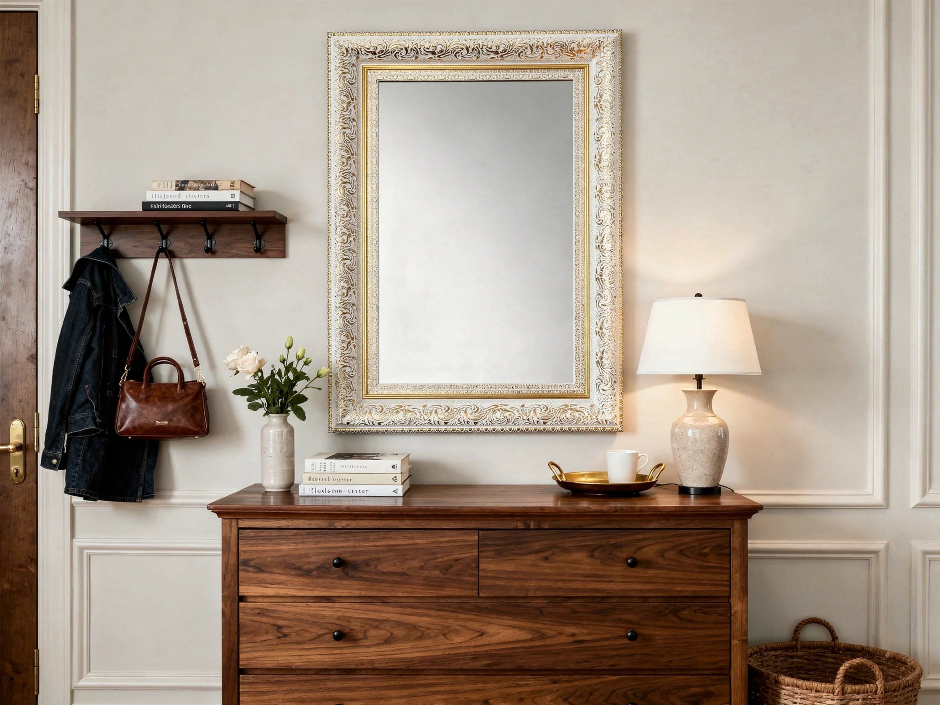 Handcrafted ornate wooden picture frame on wall above dresser in elegant entryway