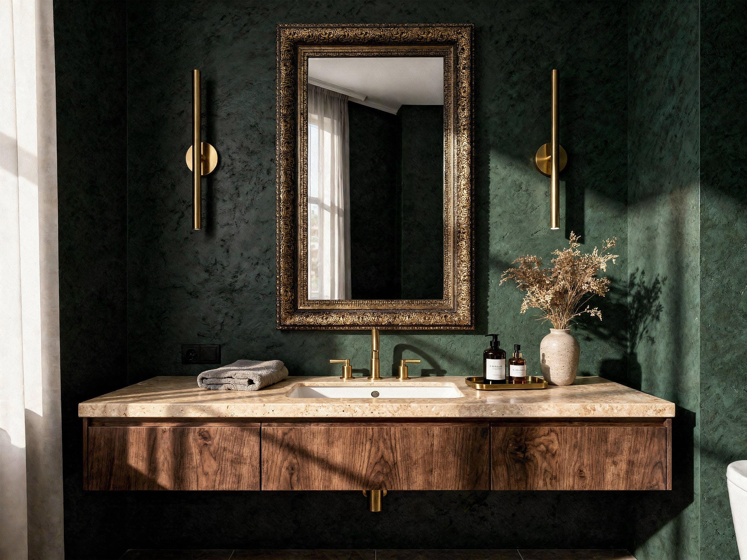 Handcrafted ornate wooden picture frame mirror above bathroom vanity with marble countertop