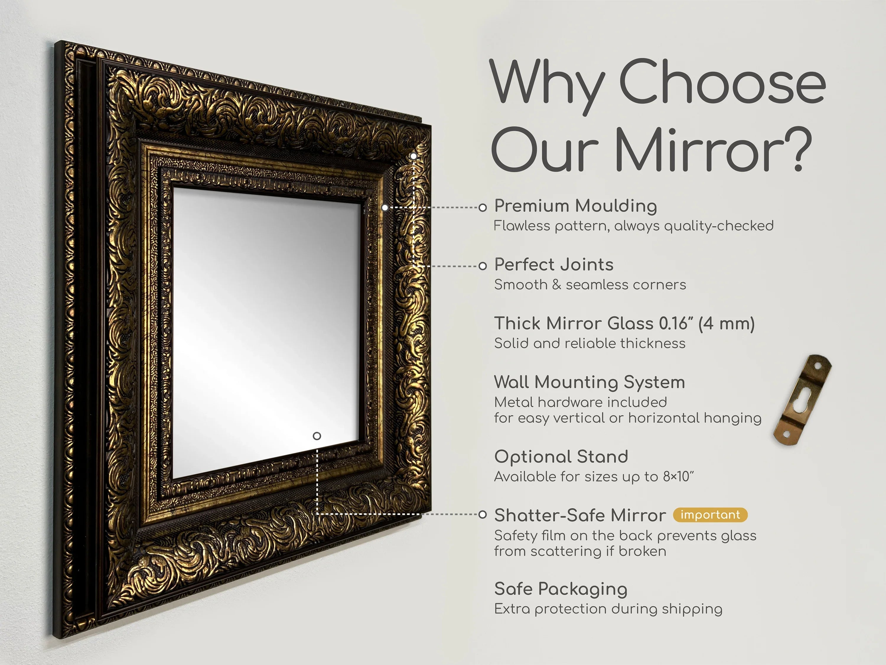 Ornate gold and black wooden framed wall mirror with premium moulding, seamless corners, and included mounting hardware, shown with listed features on white background.