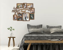 Load image into Gallery viewer, Personalized picture frame collage featuring tree elements. This collage measures 23 inches in width and 30 inches in length and has 9 frames. Frame and letters can be painted in different colors. The text in the middle can be customized.

