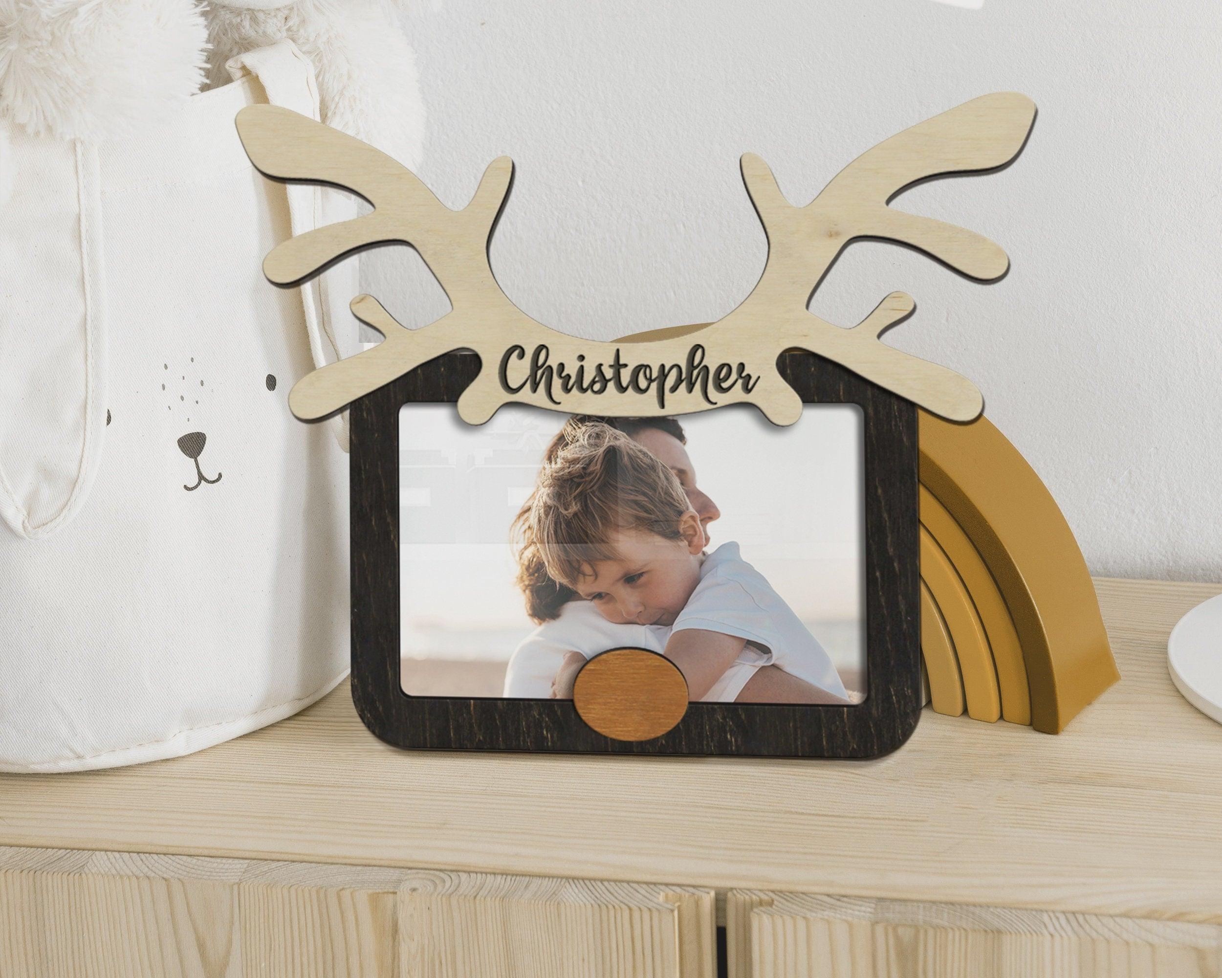 First baby gift Personalized nursery decor Custom color baby boy picture frame Engraved wood wall art Small frame 4x6 Reindeer photo frame