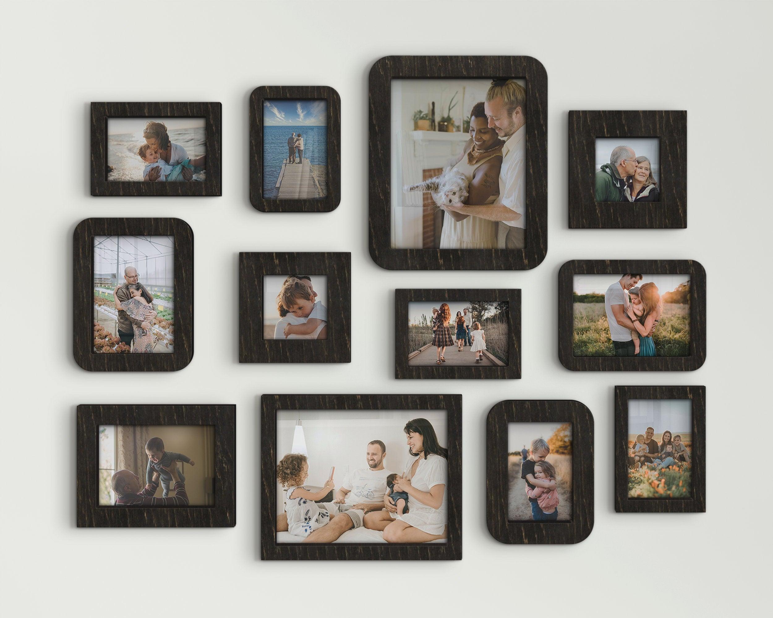 Custom color wall mounted photo frame collage 12 piece picture frame set Multiple 4x6 5x7 8x10 photos Photo frame gallery Wood wall decor