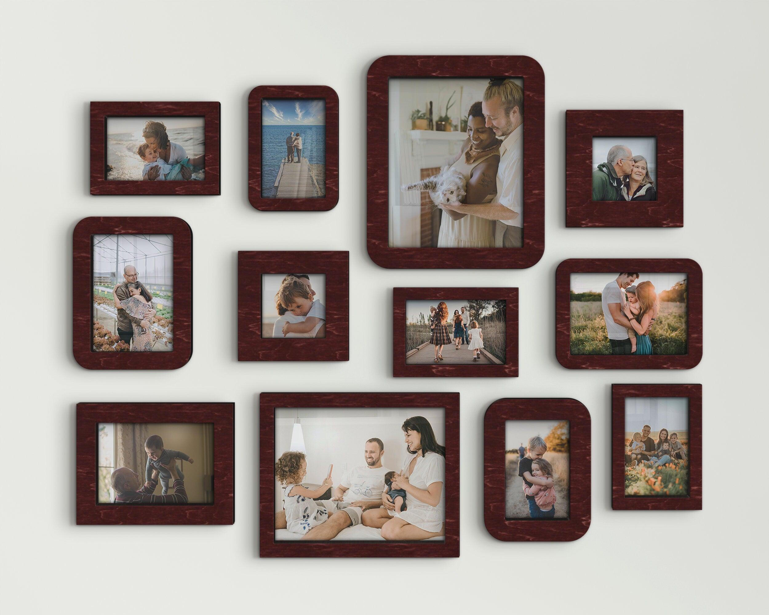 Custom color wall mounted photo frame collage 12 piece picture frame set Multiple 4x6 5x7 8x10 photos Photo frame gallery Wood wall decor