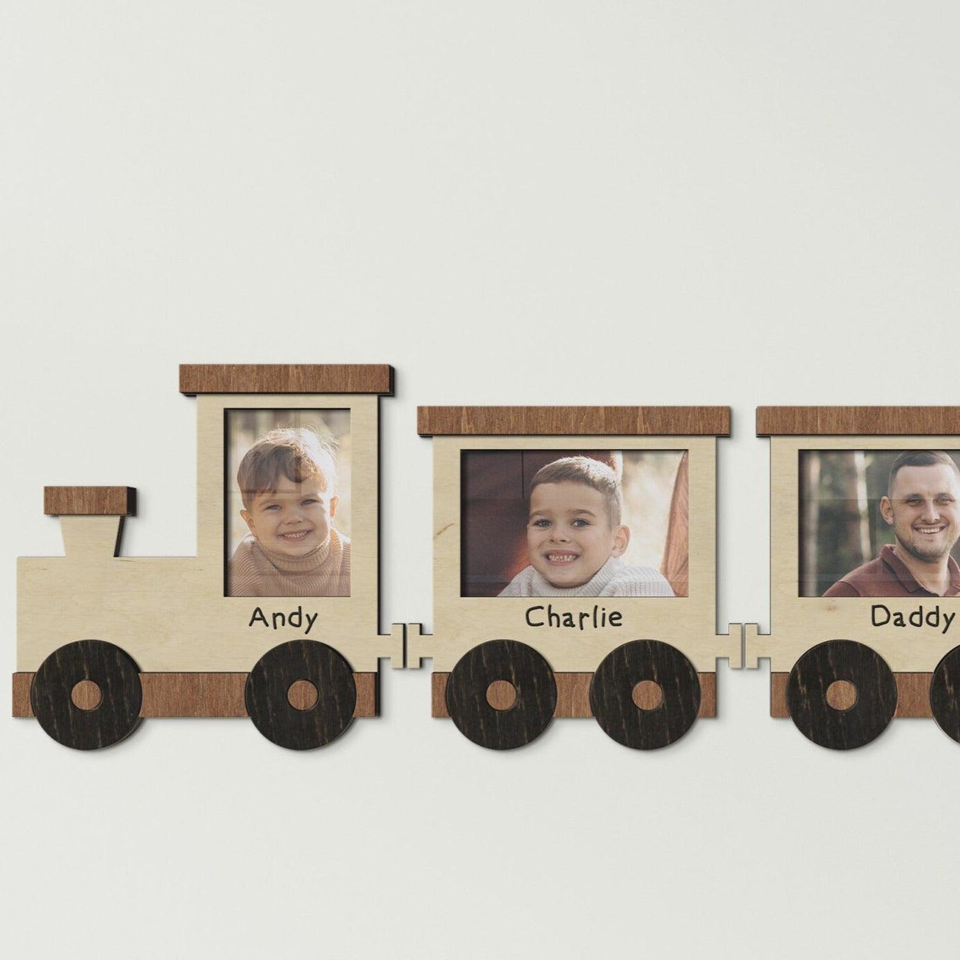 Personalized nursery decor Wooden train frame Kids room decor Baby boy photo frame First birthday gift Picture frame set Customized wall art